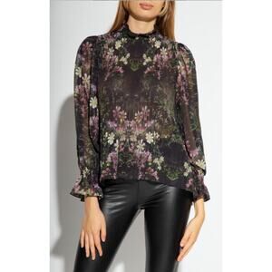 All Saints Cora Floral Top Pleated Blouse Sheer Black Ruffle Collar Neck Sz 4